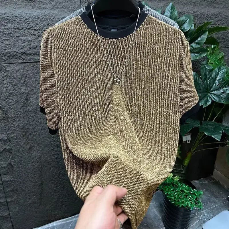 2025 Men's High-End Shiny Short-Sleeve Round Neck T-Shirt, Casual Streetwear Metallic Loose Versatile Menswear Top, Shortsleeve, 3Xl	Recommended 165 - 193 Lbs
