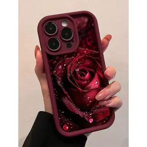 1pc Wine Red Water Drop Rose Flower Pattern Full Coverage TPU Shockproof Phone Case Compatible With Apple 16, 15, 14, 13, 12, 11 Pro Max, Series Waterproof Anti-Fall Scratch Resistant