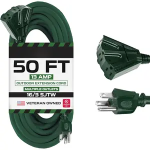 3 Outlet Outdoor Extension Cord 50 ft, 16/3 Heavy Duty Green Extension Cord with Multiple Outlets 3 Prong, Weatherproof Exterior Power   for Outside, Outdoor Lights & Lawn