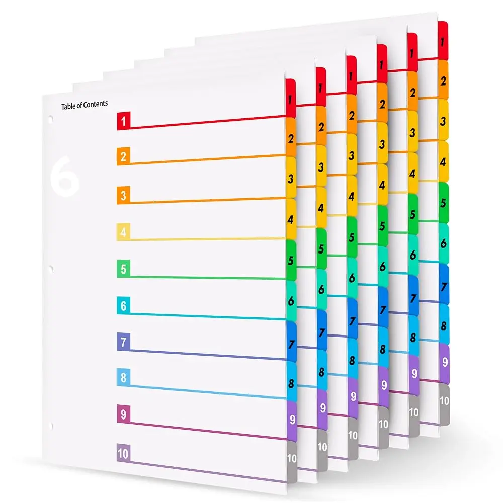 Tab Dividers 6 Sets Numbered Index with Table of Contents, 8.5 x 11 inch, 3-Hole Punched – Binder Dividers for School, Office, Filing, Organizing