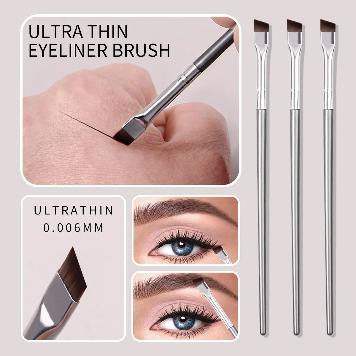 Ultra Thin Flat Angled Eyeliner Brush, 3pcs Long Handle Eyeliner Brushes, Face Eye Brush, Cosmetic Brush, Professional Makeup Tool for Women & Girls, Eyebrow Angled Brush, Eyeliner Brush Set