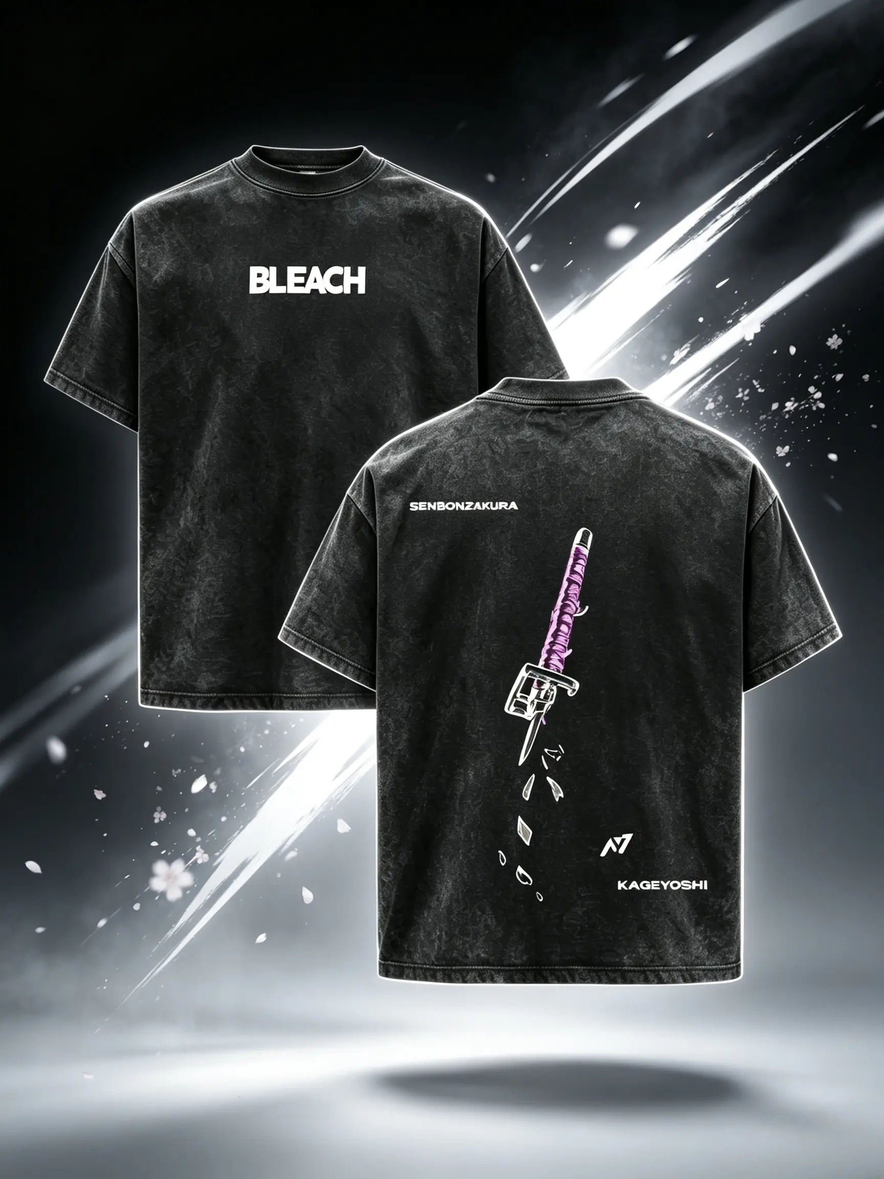 Bleach Senbonzakura Kageyoshi Vintage Acid Wash Oversized T-Shirt Front Bold White Bleach Text Back Purple Katana Cherry Blossom Sword Graphic Distressed Black Unisex Cotton Crewneck Anime Tee Gift For Bleach Manga Fans Casual Street Outfit