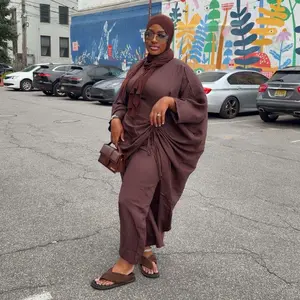 Muslim Matching Set, Fashion Muslim Set, Batwing Sleeve Loose Top & Wide-Leg Pants, Adjustable Drawstring, 5 Soft Colors, Breathable Wrinkle-Resistant (Hijab Not Included)