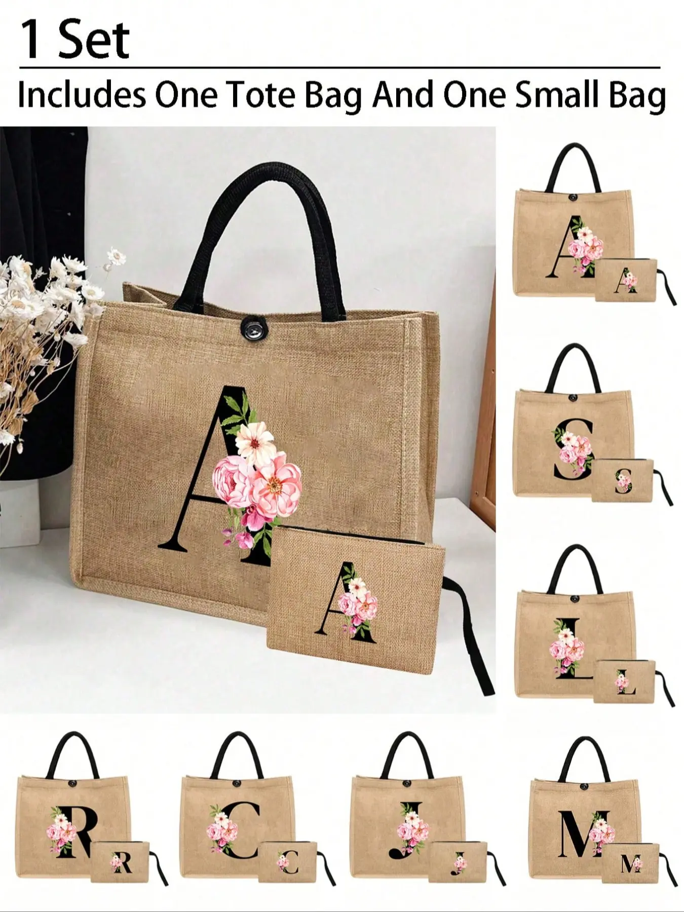 2-piece set, including a linen tote bag with black lettered pink flowers and initials, and a matching small pouch, personalized bridesmaid wedding gift bag, makeup bag, travel storage bag, Summer beach bag