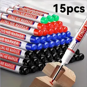15pcs Long Nib Markers - Oil-Based Carpenter'S Pens for Deep Holes, Ideal for Ceramic, Wood, Plastic, Metal - Perfect for Bathroom Installation & Decor Fixing, Construction Tools | Long Nib Markers | Oil Based Ink