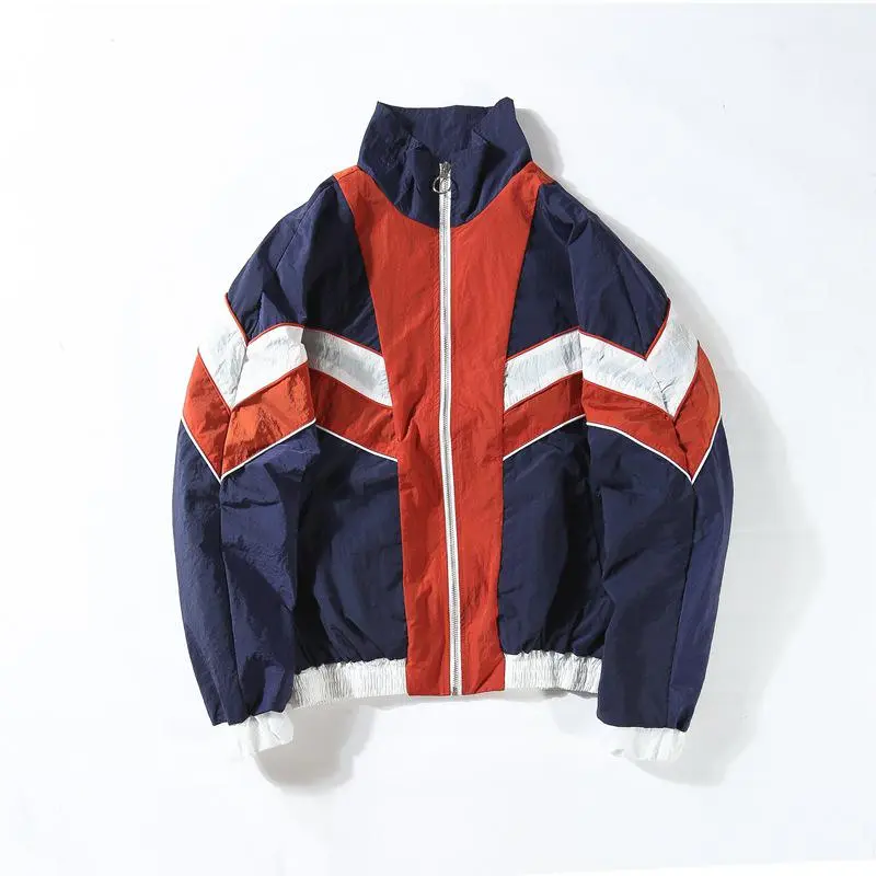 Vintage Windbreaker Jacket for Men, Colorblock Patchwork Hip Hop Streetwear Zip-Up Flying Style Tops, Menswear, Coats, Hip-Hop Jackets & Coats, Casual, Block Colors, Flying Panel
