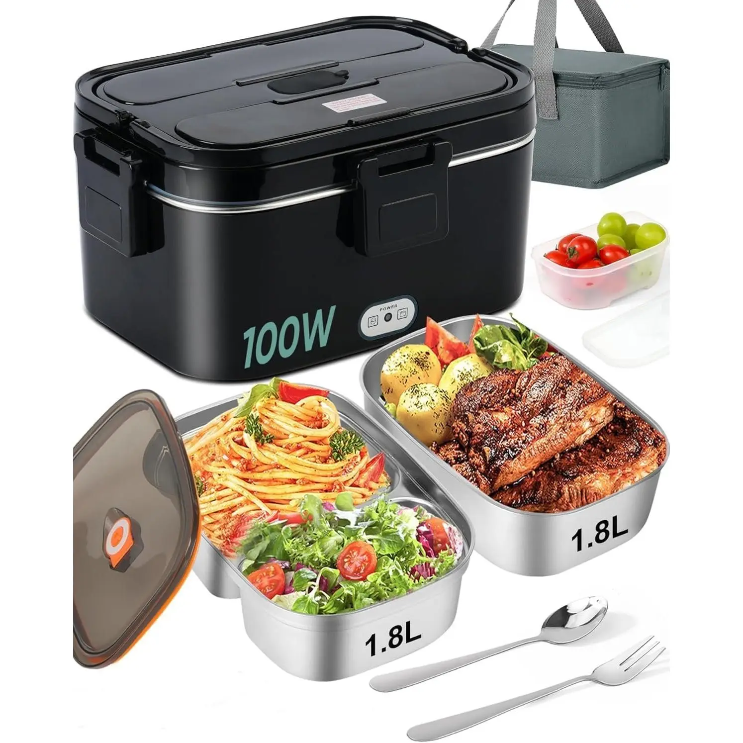 Electric Lunch Box  Heater 100W,  Warmer with Dual Container 1.8L Portable Heated Lunch Box for   Work Stainless Steel Fork & Spoon 12/24/110V for Adults Lonchera Electrica