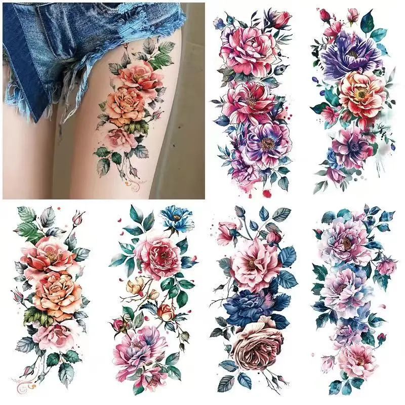 6pcs Large colorful flower temporary tattoos for women - suitable for arms and thighs, ideal for summer scar covering, photo shoots, parties; realistic, one-time use sticker decals