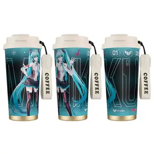 [Made in US] 16oz Hatsune Miku Stylish Portable Vacuum Flask - 18oz Leakproof Insulated Coffee Cup with Lid, Anime Idol Design, Blue Twin-Tail Kawaii Aesthetic, Ideal for Coffee/Tea, Great Gift Idea