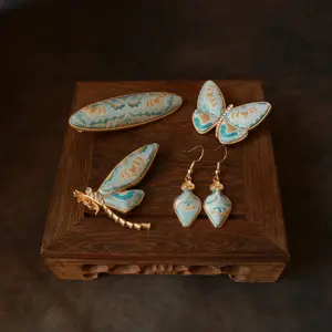 Embroidtale Hand Weaved Silk Hair Clip and Matching Ear Studs Butterfly Dragonfly Brooch