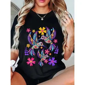 100% Cotton Unisex Hummingbird Colorful Mexican Flowers Bird Floral Nature T-Shirt,Unisex Crewneck T-shirt for Men And Women