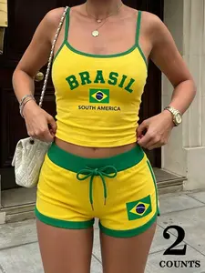 Women's Brazil Flag Color Crop Top Vest and Shorts Set, Street Style, Slim Fit, Casual, Graphic Print, Mid Waist, Above Knee, Party Wear