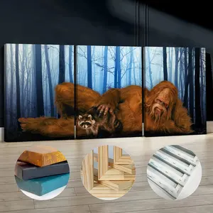 3Pcs Wooden Framed Canvas Painting, Bigfoot And Raccoon In Misty Forest, Exquisite Poster, Home Decoration, Pattern Wall Art Decor, For Living Room, Bedroom, Office, Restaurant, Bar Wall Decor, Odorless, Painting, Print Artwork.