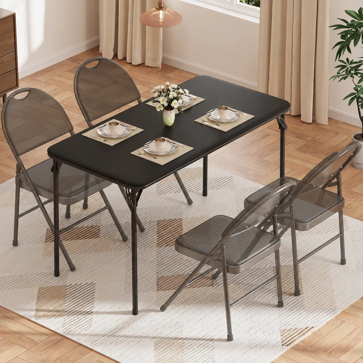 4-Foot Foldable Table Indoor/Outdoor, Heavy Duty Lockable Metal Legs & PU Leather Top – Portable for Picnic, Wedding, BBQ, Camping (Only a table)