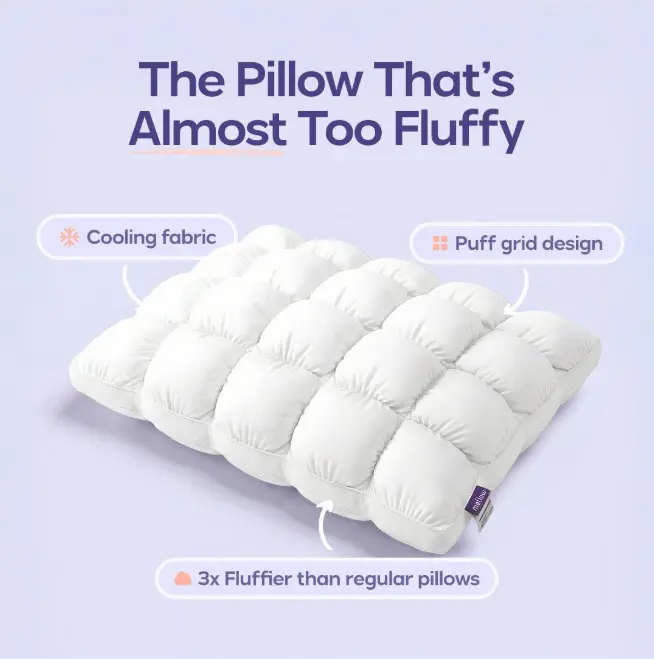Mellow Sleep | Mellow Puff Pillow – Soft Quilted Puff Grid Design Pillow, Fluffy Plush Bed Pillow with Cloud Like Comfort, Breathable Support Pillow for Side, Back & Stomach Sleepers, Cozy Bed Pillow for Better Sleep