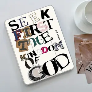 Vintage Stylish Seek First God's Kingdom iPad Folding Stand Case, Transparent Acrylic Hard Back with Pencil & Charger Slots, Compatible with iPad 10.2 inch 2019/2021, Mini, Pro, Air, Scratch-Resistant Ultra-Thin Design, Shockproof Full Protection Case