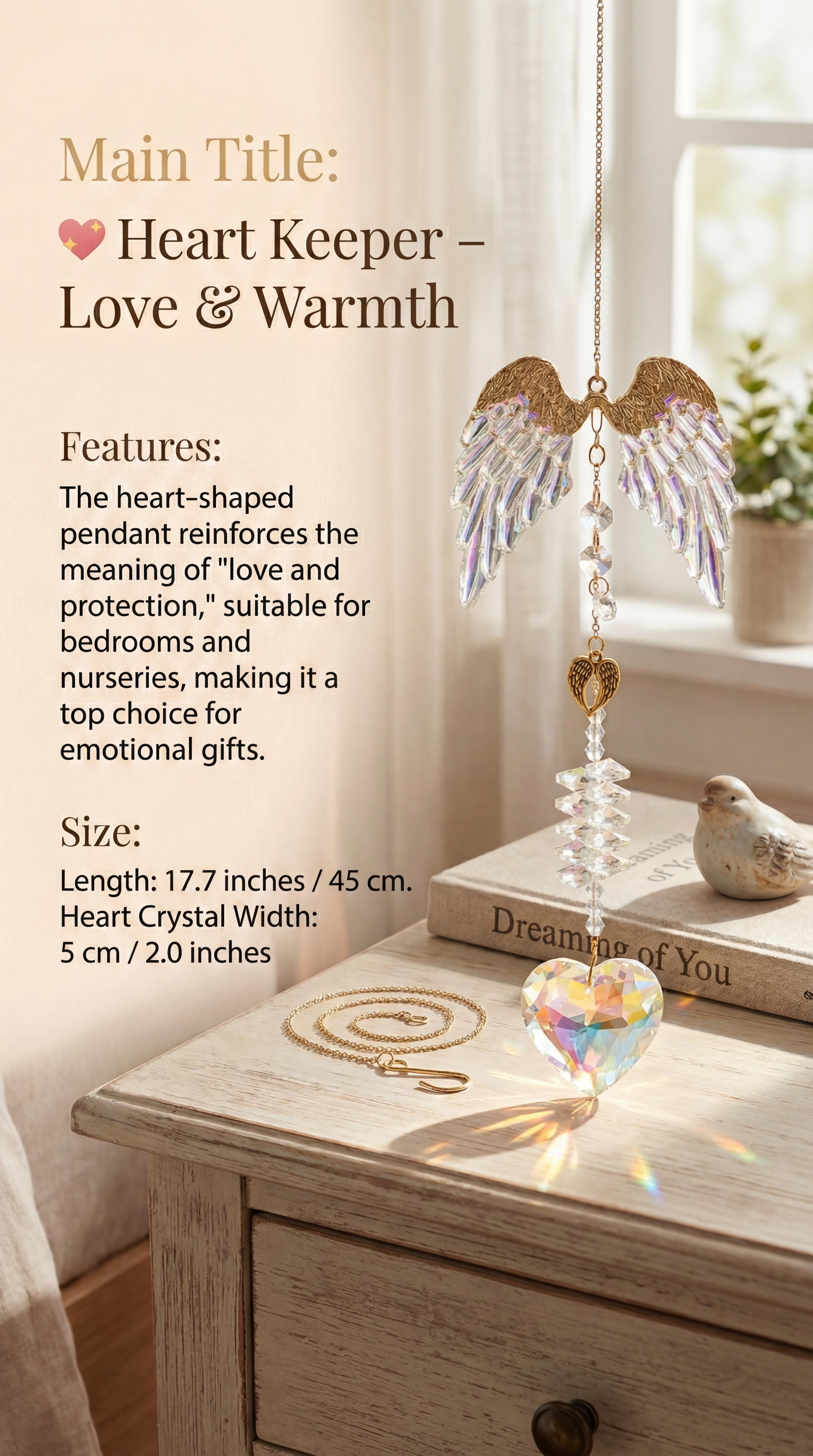 Angel Wing Crystal Sun Catcher 4 Styles - Hanging Rainbow Maker with Heart & Bell for Home Decor , Handmade Crystal Prism Rainbow Maker for Window & Garden  , Crystal Hanging Ornament Gift for Mom & Friends glass christian art office wall  gardening