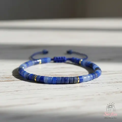 Women's Sofia Natural Blue Aventurine Beaded Braided Bracelet - Dainty Handmade Minimalist 6-7.5 Inches Unisex Gemstone Jewelry, Express Mood Daily Wear Accessory