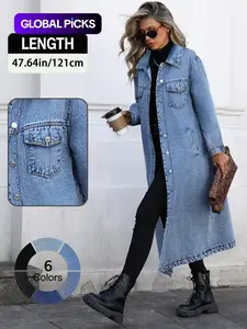 Women's Button Front Denim Coat, Elegant Casual Long Sleeve Outerwear for Spring & Fall, Women's Clothing for Daily Wear Jackets, Lady Womenswear