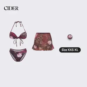 Cider 3-Piece Set Halter Neckline Leopard & Floral Graphic Knotted Bikini Set With Ruffled Skirt