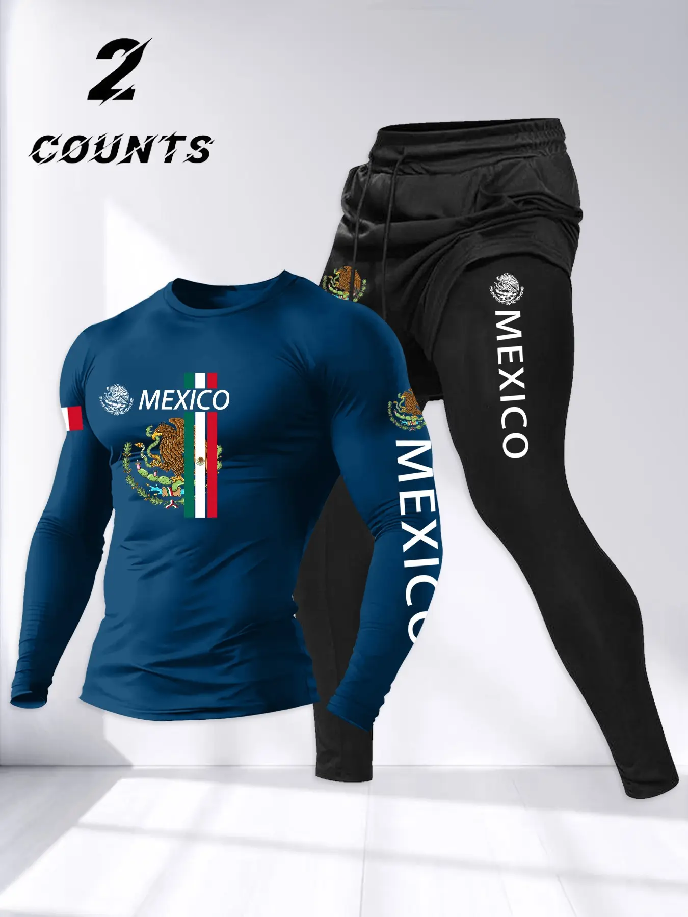 Men's Mexico Theme Letter Flag Print Set, Athletic Tracksuit Set, 2-Piece Long Sleeve Tee and Faux Layered Pants, Casual Sportswear for Fall & Winter