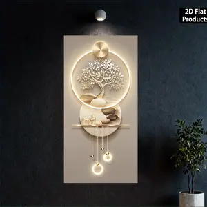One 2D flat modern abstract wall painting, featuring a frameless golden tree of life design (not truly luminous), with a size of 50*100 centimeters. This canvas painting is highly suitable for decorating living rooms and bedrooms