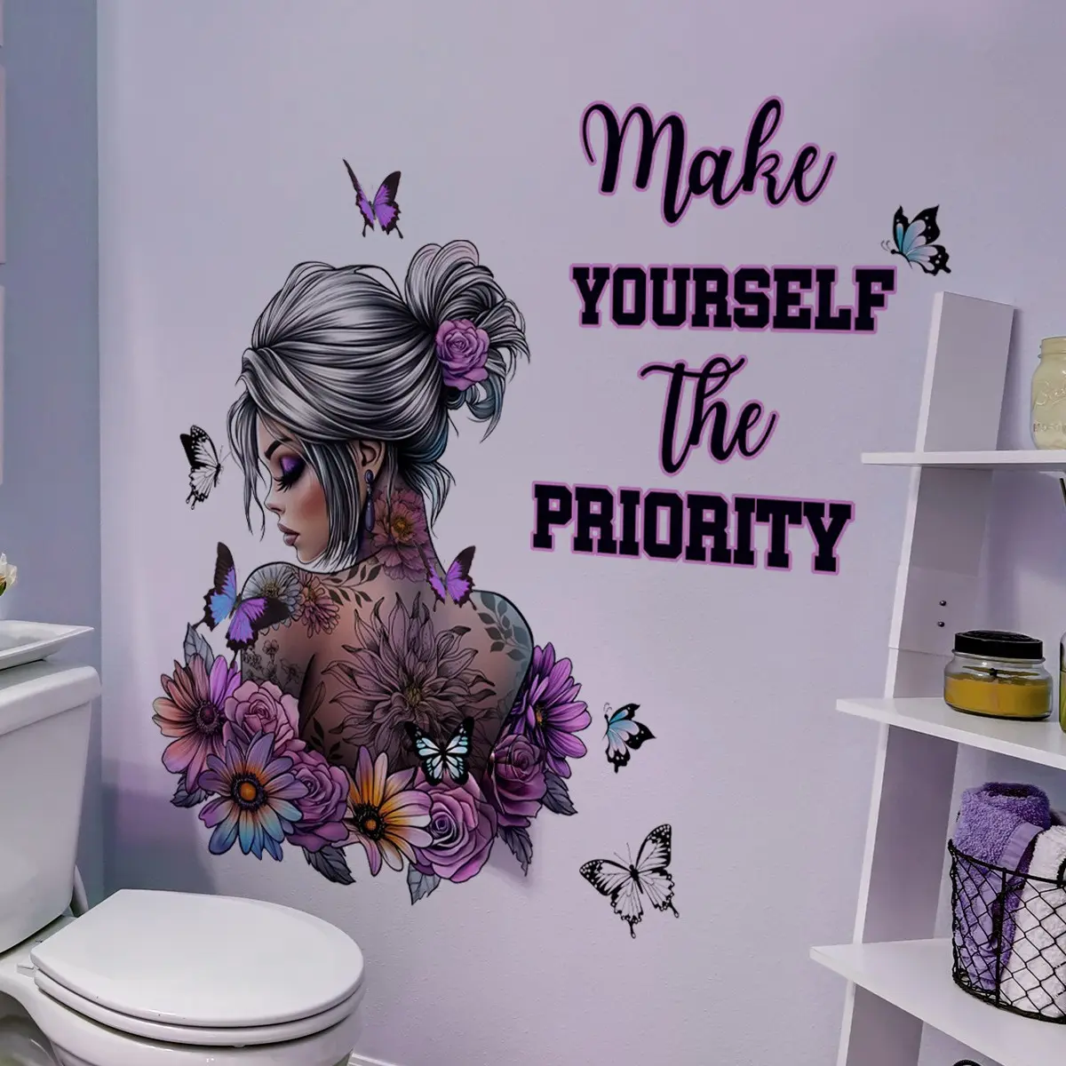 Beautiful Woman Floral Flower Butterfly Wall Decals Peel and Stick with Inspirational Quote - Removable Waterproof Decorative Wall Stickers for Bedroom, Living Room, Entryway & Home Decor, Wall Art Stickers, Adhesive Stickers