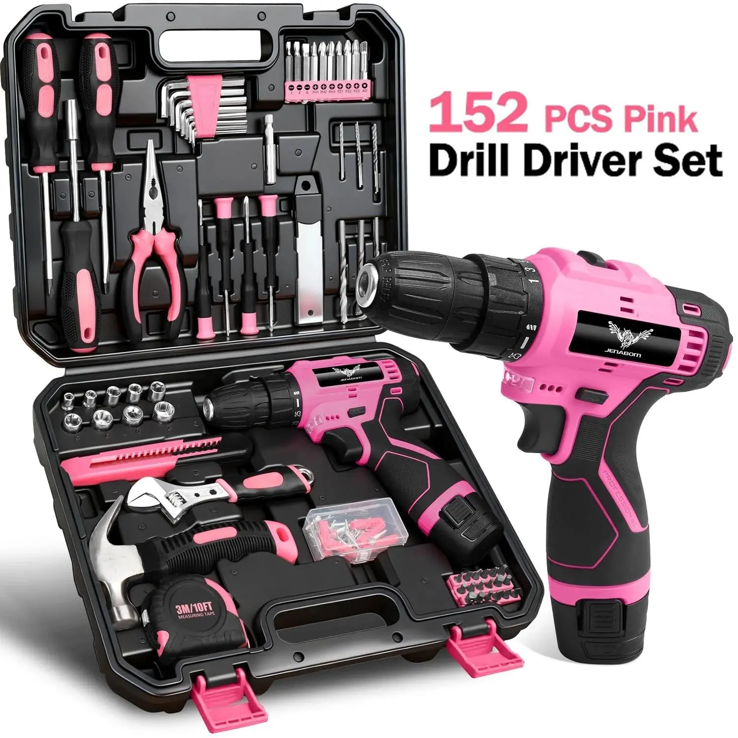 Pink Heavy Duty 152PCS Home Tool Kit with 12V Lithium Cordless Drill, Complete Household Repair Tools Set with Organizer Tool Box