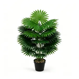 Artificial Fan Palm Tree Potted Plant, Lifelike Fake Fan Leaf Palm with Black Planter, Faux Tropical Palm Shrub for Indoor Living Room Entryway Office Home Decor