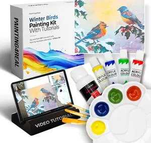 DIY Winter Birds Acrylic Painting Kit with Video Tutorials - 9pc Art Set for Adults and Beginners