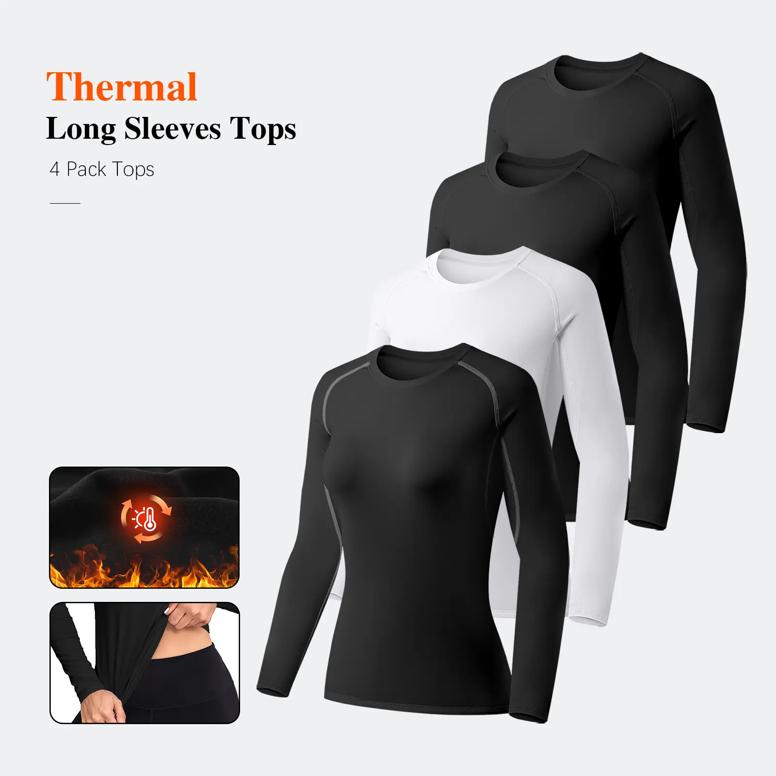 Women’s 4-Pack Thermal Shirts - Warmer Fleece-Lined Compression Fit Full-Length Base Layer Tops, Comfortable for Winter Cold Weather Outdoor Sport