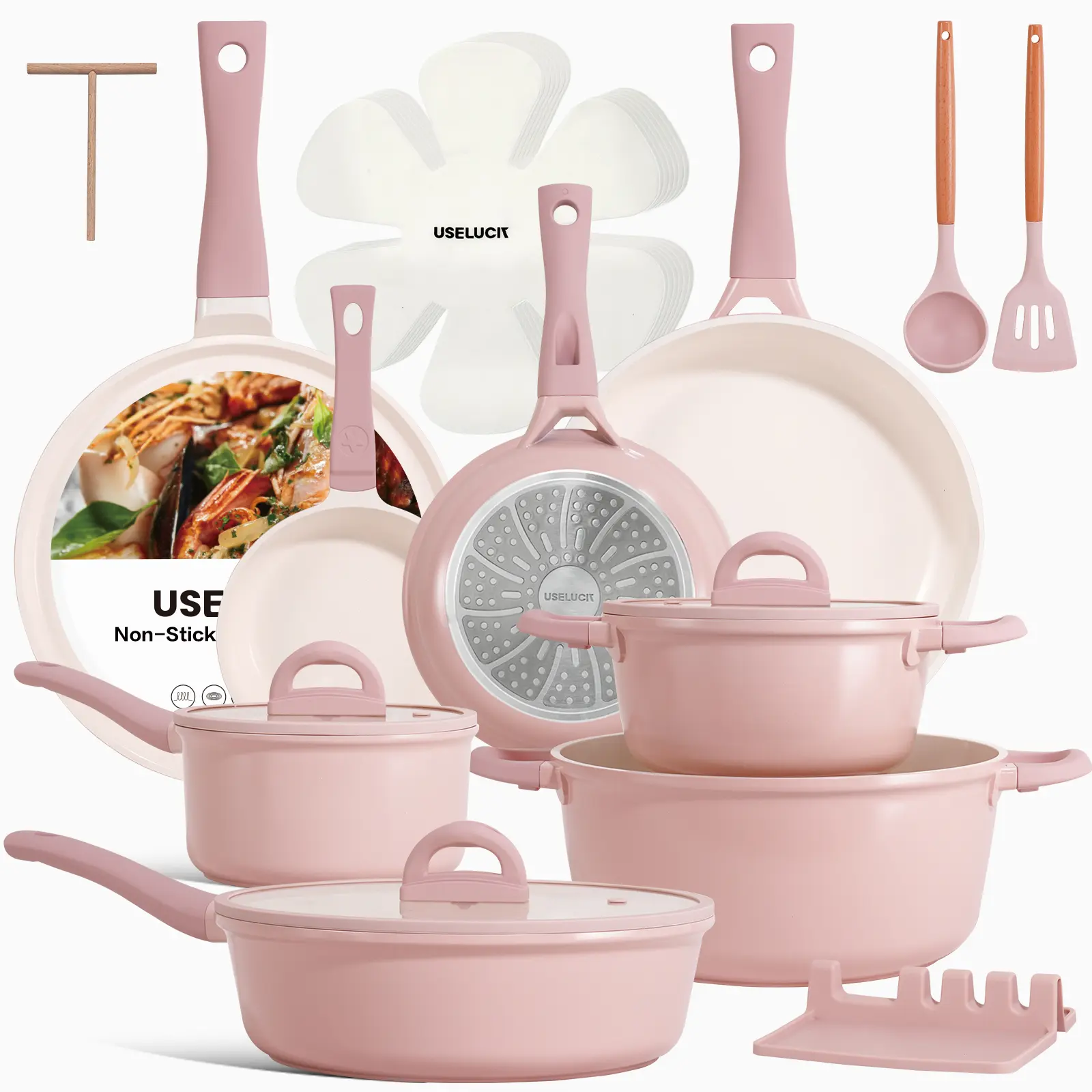 【Seasonal Limited】USELUCK 22 Pieces Nontoxic Granite Look Cookware Set, Non-Stick Ceramic Pots and Pans with Glass Lids, Induction Safe, PFOA-PFOS-Free, Includes Crepe Frying Pan