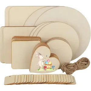 STANDARD GOODS 65 Pcs Untreated Wooden Board Set with Twine Round Square Heart-shaped Slices for DIY Crafts Christmas Halloween Easter Party Decorations Handmade Gifts Durable Bunny