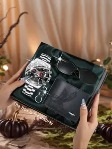 Men's Watch Set 4-Piece Accessories Set, Fashion Business Quartz Watch + Wallet + Glasses + Keychain Gift Set, Casual Style, All Seasons