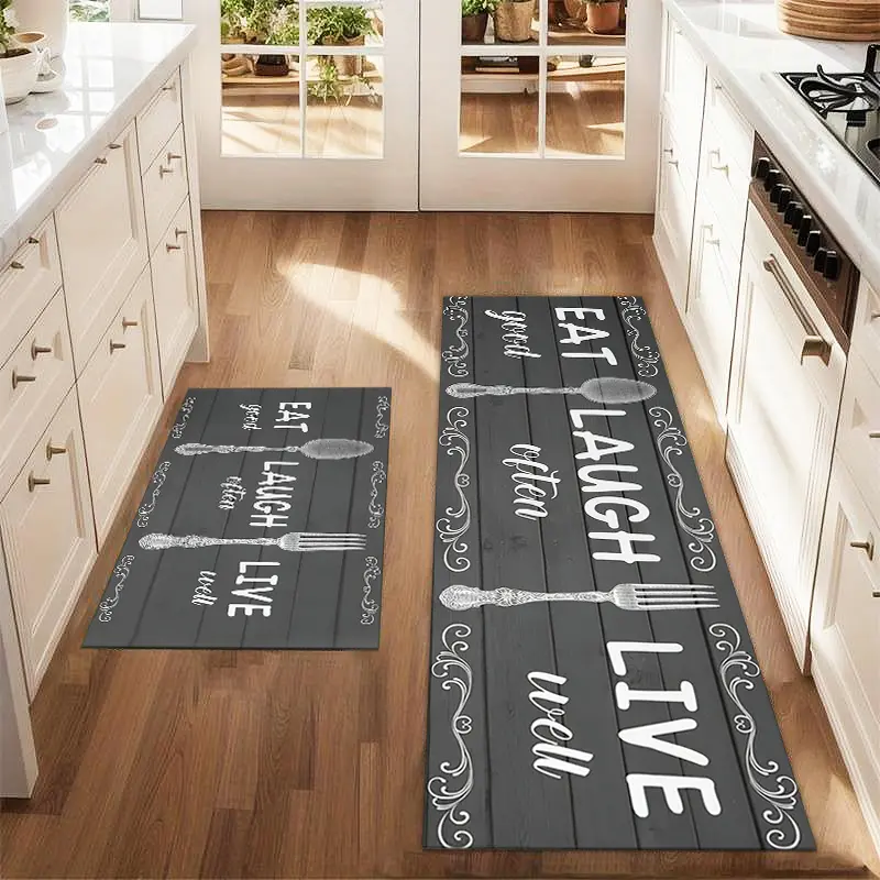 2Pcs knife and fork cutlery text floor mat set, Kitchen Area Rug, Kitchen Rugs, gray wood grain simple drawing printed farmhouse anti-fatigue kitchen carpet anti-slip washable kitchen restaurant laundry room decoration mat