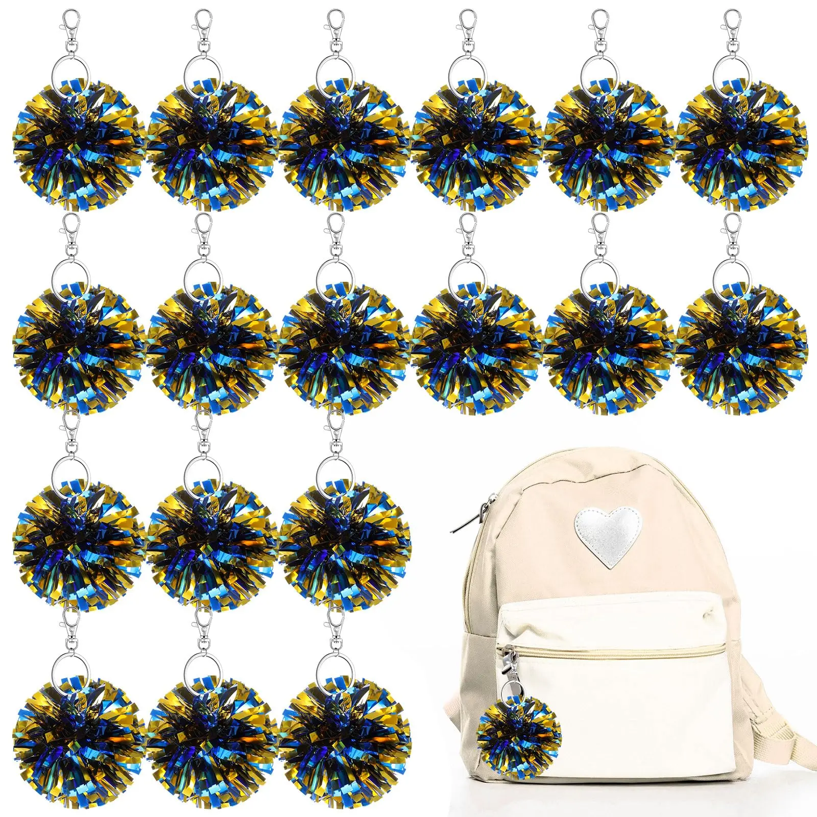 20 Pcs Bling Bling Foil Cheer Pom Pom Keychains with Hooks, Cheerleading Backpack Decor Accessories, Student Class Gift Pendant Charm, Bling Bling Keychains