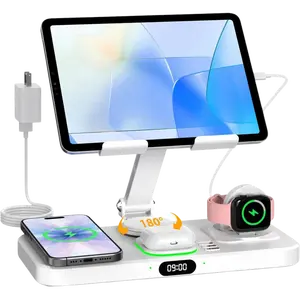 30W Charging Station for Apple Products, Foldable Wireless Charger with Clock Display&7 Color Light, Wired Charging for iPad/Tablet Charging Station for iPhone16, for Apple Watch10 for AirPods4(Cream