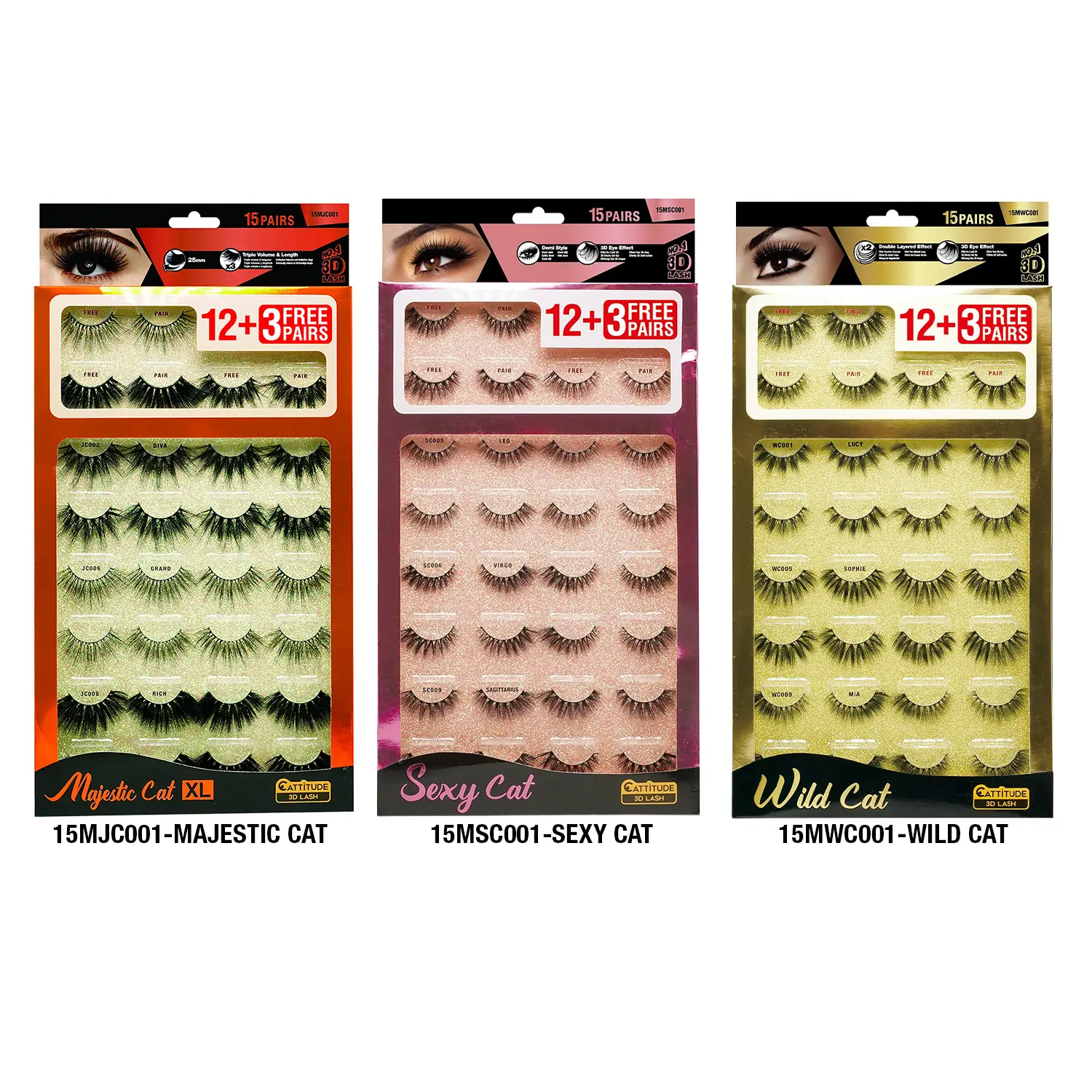 Ebin New York Cattitude 3D Eyelashes, Lightweight Synthetic Fiber for Dramatic Volume, Thick Lashes and a Cat Eye Makeup Look