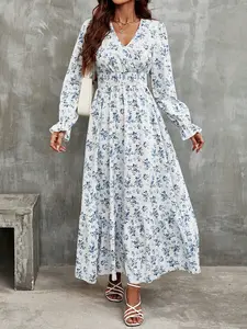 Women's Long Sleeve V Neck Dress, Casual Elegant Style, Perfect for Daily Wear & Leisure Activities, All Season Comfortable