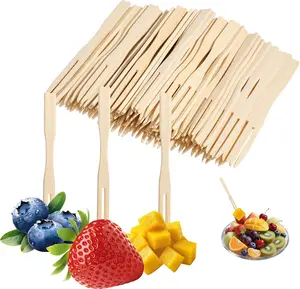 Bamboo Fruit Fork (100pcs), Disposable Mini Fork, Fruit Dessert Fork, Disposable Utensils, Party Tableware for Wedding, Cocktail Party, Picnic, Party Supplies