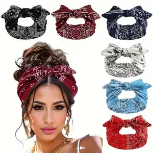 6-Pack Elegant & Cute Paisley Bow Headbands for Women - Wide Stretchy Elastic Hair Bands with Bunny Ears Design, 6 Colors (Black/Red/White/Blue/Beige/Brown) for All-Season Sports, Outdoor & Casual Wear, Bows for Hair