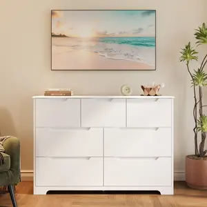 Gizoon 7 Drawer Dresser 48" Wide Wood Chest of Drawers for Bedroom White Modern Storage Organizer Handle Free Design Living Room Kids Room Bedroom Entryway Hallway Girl Apartment Furniture Space-Saving