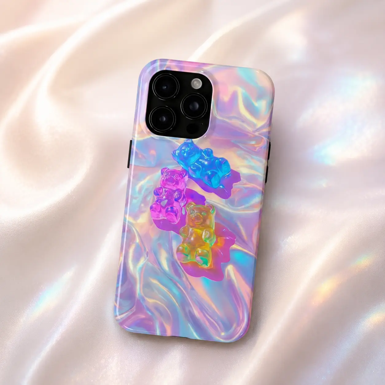 Holographic Gummy Bear Phone Case – Cute Iridescent Pastel Protective Case with 3D Candy Bear Design for iPhone