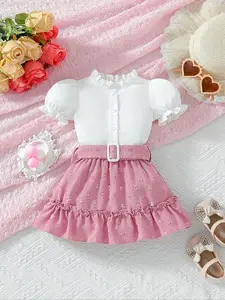 Summer baby girl sweet puffy sleeve shirt   short skirt set, baby girl sweet and lovely puffy skirt, essential outfit for outdoor play and photo taking,'s Day dress.