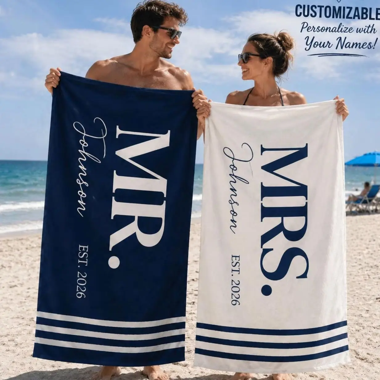 Personalized Couple Beach Towels set 2pcs, Mr and Mrs Beach Towels, Custom Wedding Gift, His and Hers Towels