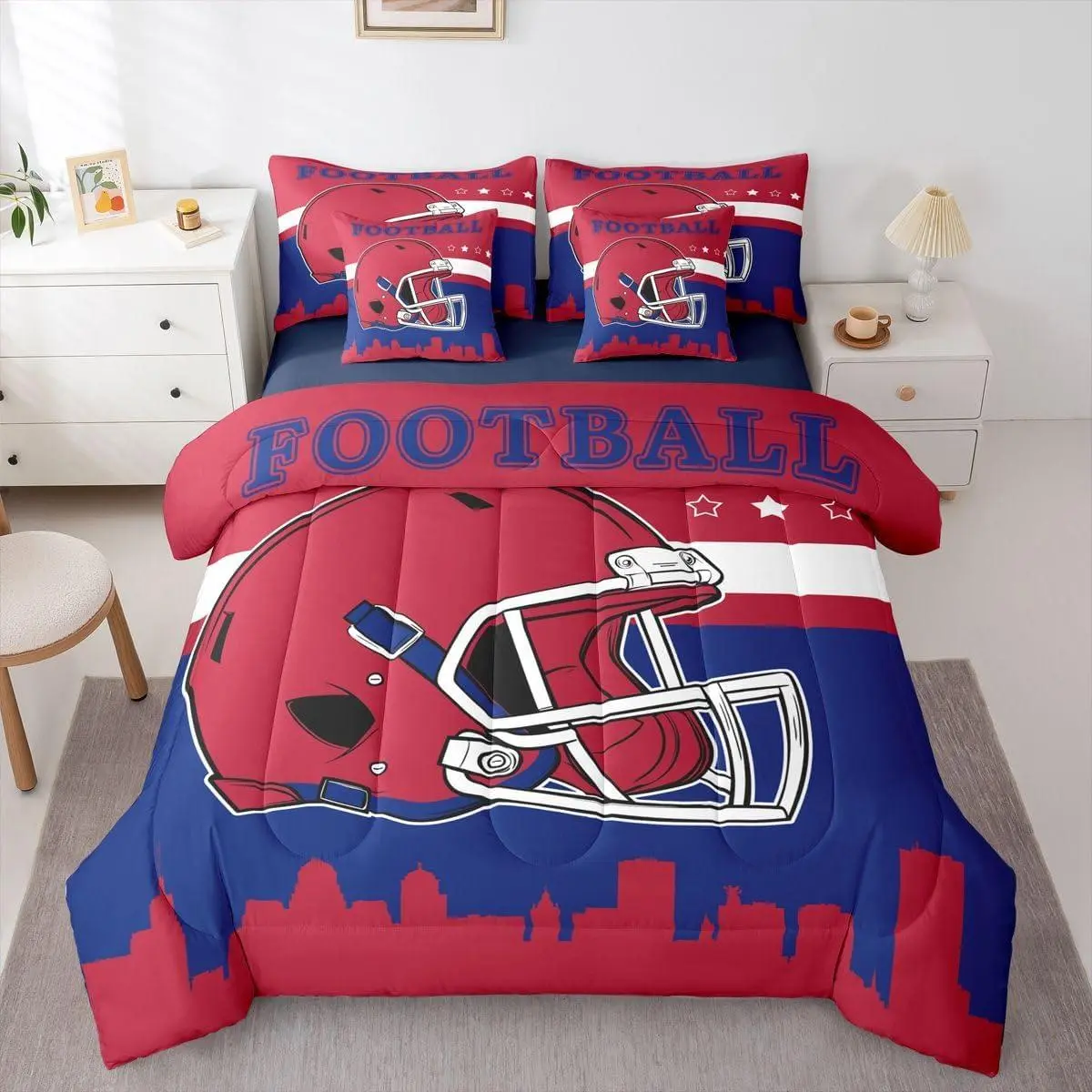 Football 7 Pieces Bedding Football City Comforter Set with Sheets,Kids Boys Sports Themed Bed in A Bag with Flat and Fitted Sheet for Ruby Players Lovers,Red Navy Blue
