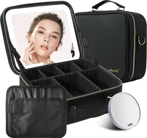 Travel Makeup Bag with LED Lighted Mirror, Makeup Case with 3 Color Lighted Setting and 10x Magnifying Mirror, Adjustable Dividers
