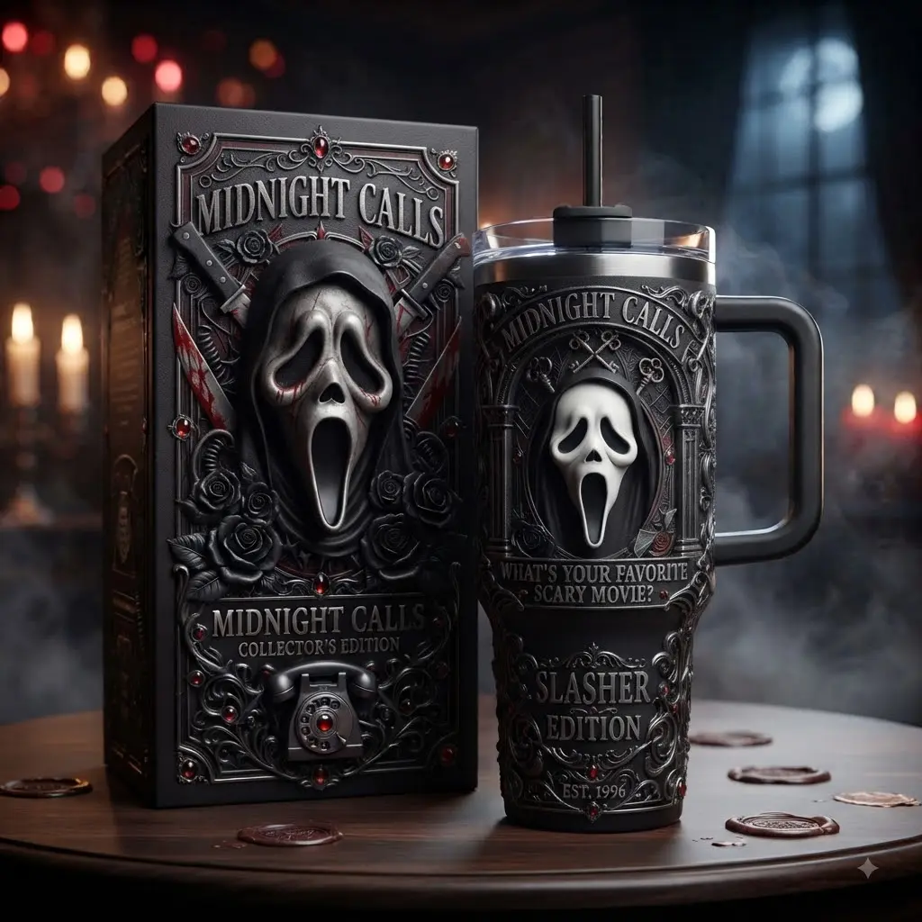 40oz Insulated Tumbler with Handle & Straw - Scream Ghostface Midnight Calls Collector Edition Stainless Steel Travel Mug, Gothic Horror Fan Kitchenware Gift, Tumbler With Straw