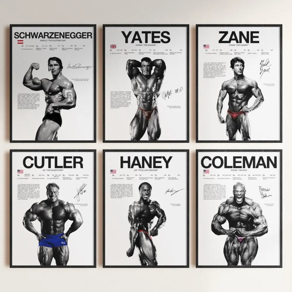 Bodybuilding Poster Bundle (Schwarzenegger, Coleman, Cutler, Yates, Haney, Zane) - Eco-Friendly Black Frame, 1 Unframe-Style1 Artistic Print, Gym Wall Art Decor, Fitness Motivation Home Decoration Artwork