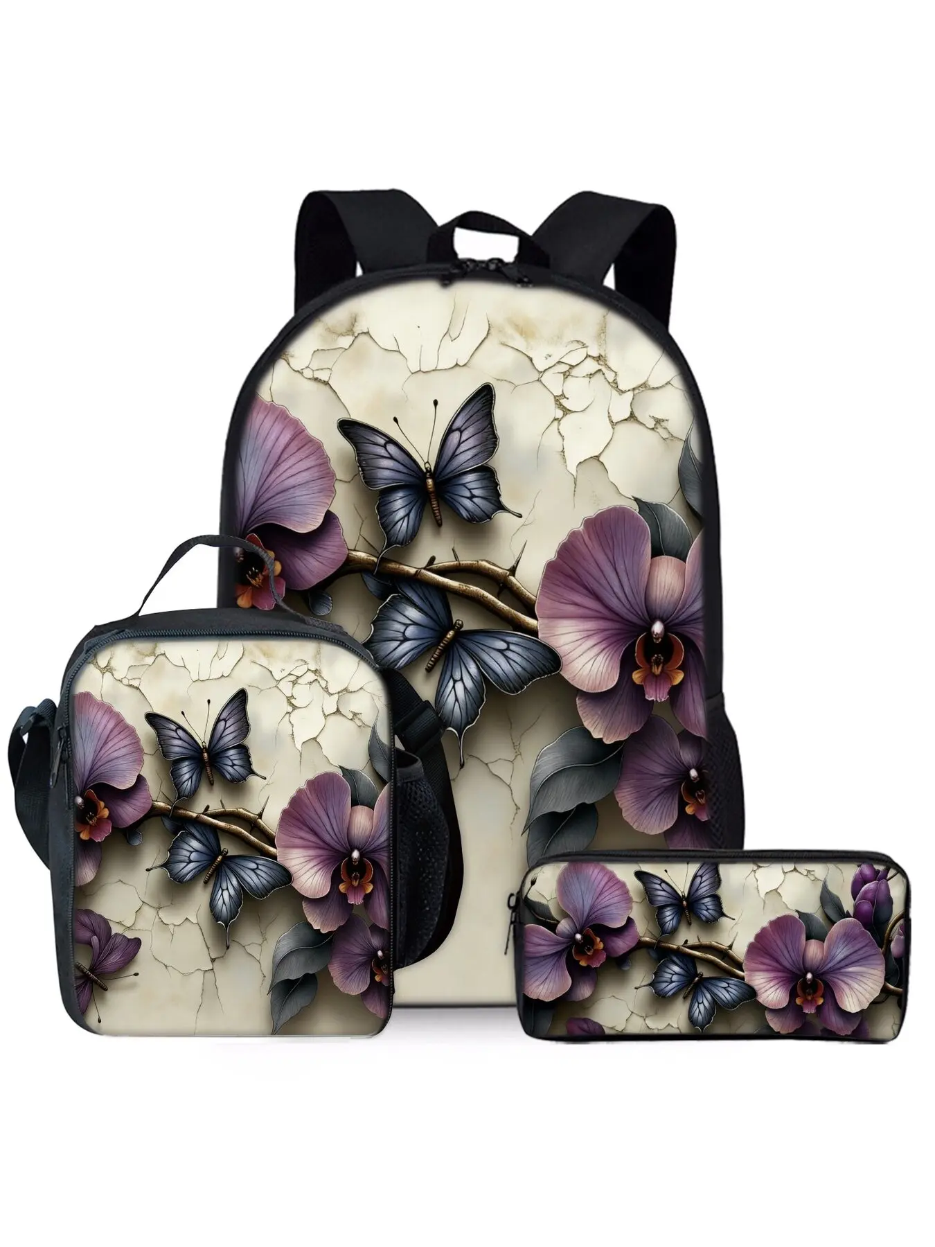 Three-piece School backpack set with butterfly and floral print includes a lunch bag and a pencil case, Cute Daypacks